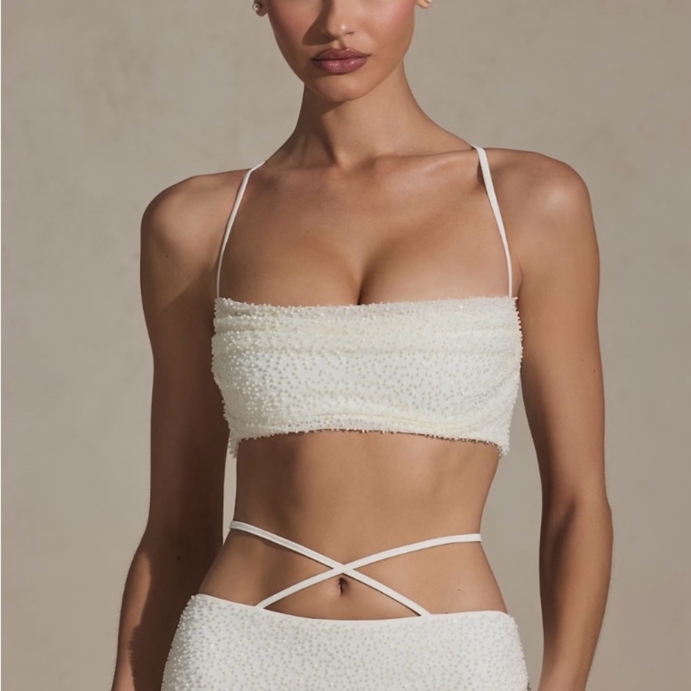 Pisa Embellished Cross Back Crop Top White